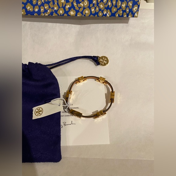 Tory Burch Serif T Stackable Croc Embossed Bracelet Brown  Leather S/M - Picture 2 of 4